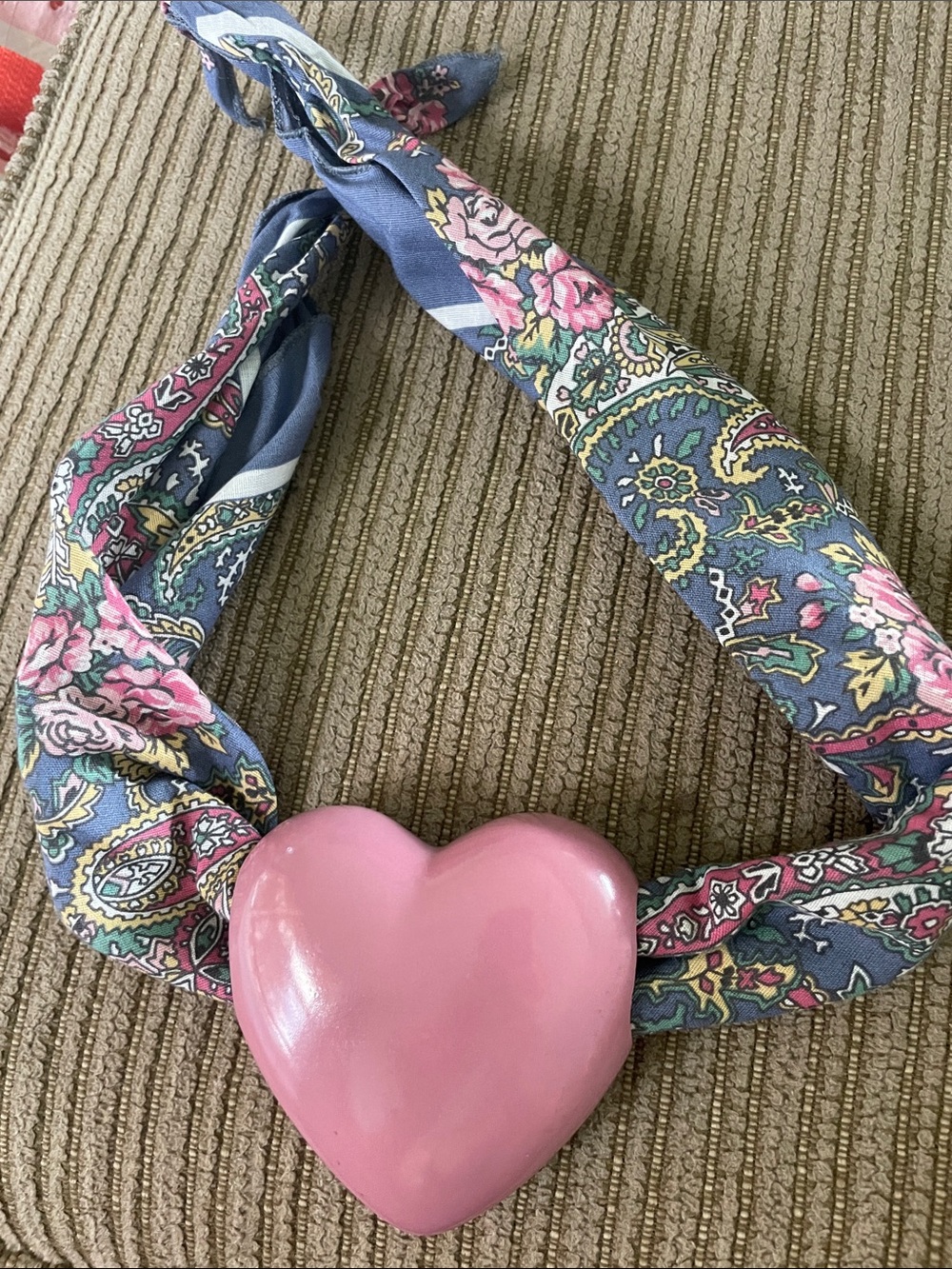 Pink Ceramic Heart Pendant Necklace with Blue Floral paisley Bandana